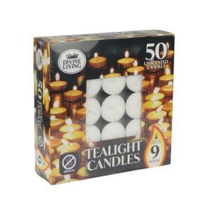 Candles |   Tealight Candles White 9 Hours Unscented 50 Pack Candles Candles