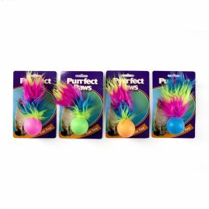 Cat Supplies |   Cat Toy TPR Ball w Feather Tail & Bell 4 Asstd Colours Cat Supplies Cat Supplies