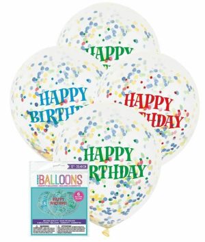 Party Decorations |   30cm Happy Birthday Clear Balloons With Bright Confetti 6 Pack Party & Toys Party Decorations