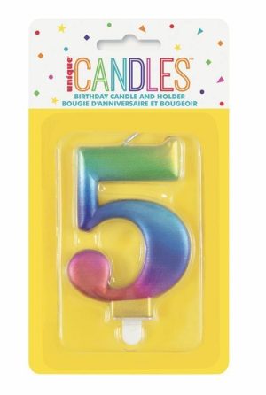 Party Decorations |   Numeral Candle 5 – Metallic Rainbow Party & Toys Party Decorations