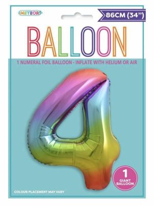 Party Decorations |   Rainbow Number 4 Foil Balloon 86cm Party Decorations