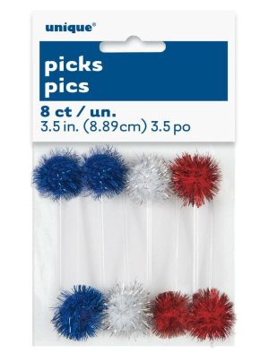 Party Themes |   Red, Blue & Silver Pom Pom Picks – 8 Pack Party & Toys Party Themes