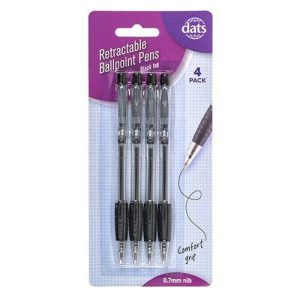 Stationery |   Pen Ballpoint Retractable Black Ink 4 Pack Office Supplies Stationery